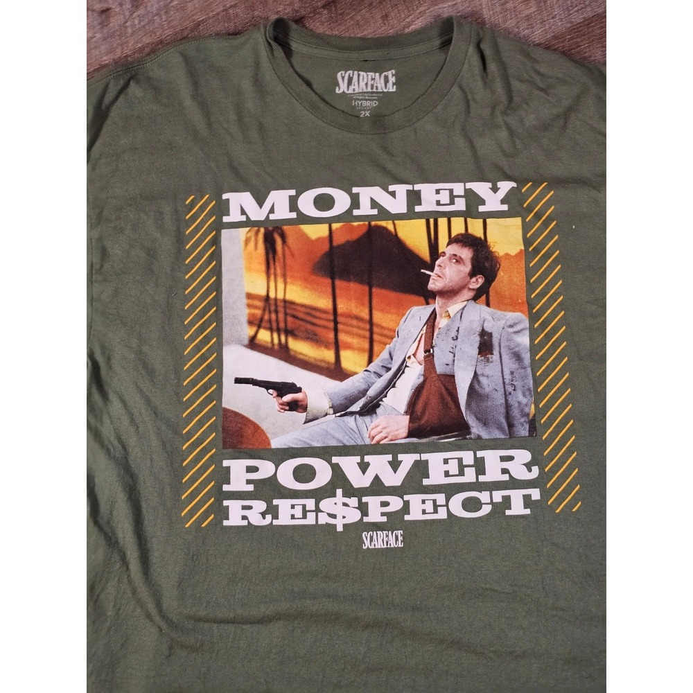 Scarface Tony Montana Money Power Respect Graphic Tee Shirt Green Mens 2X Hybrid